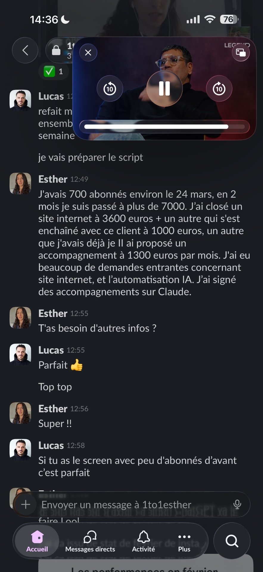 Témoignage client — message reçu